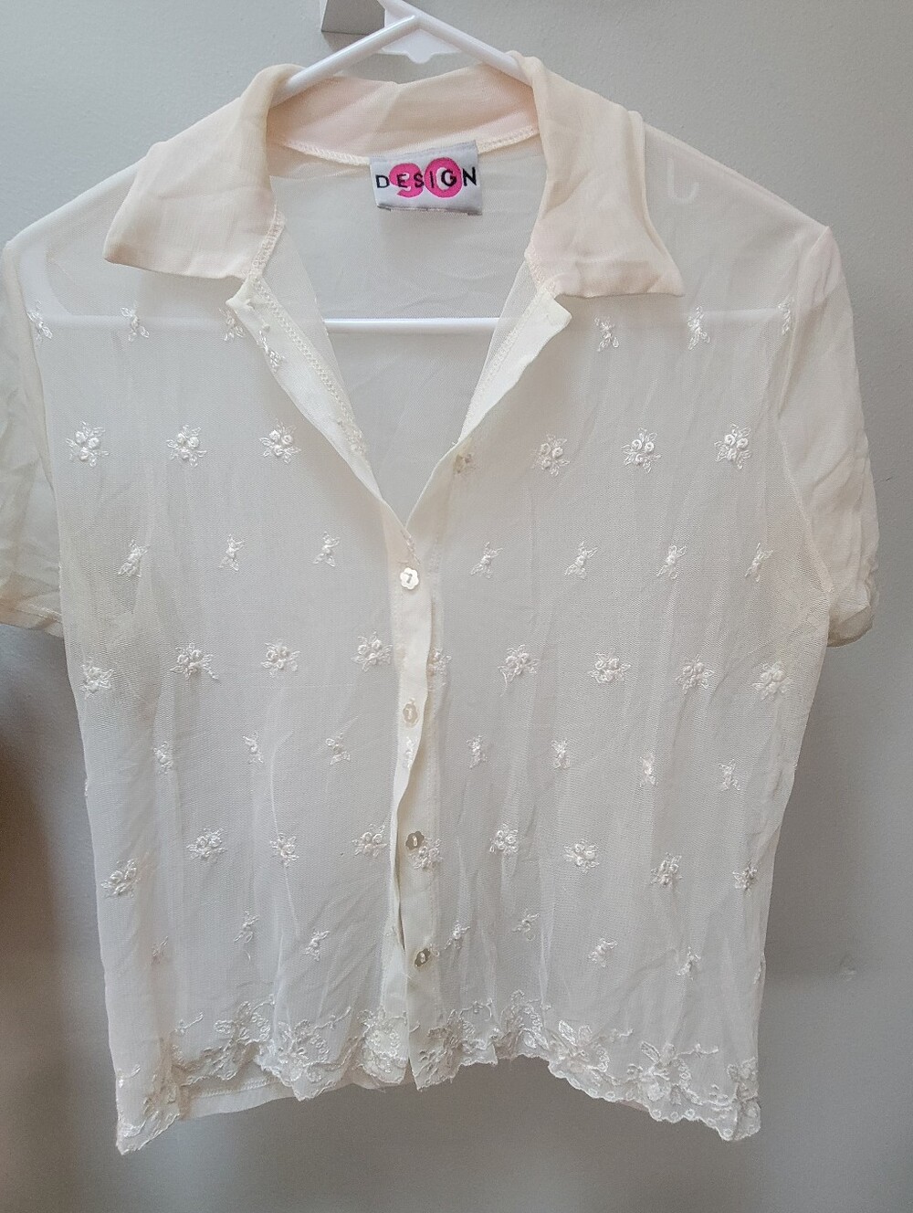 90 Design Sheer Mesh Top Women's Size  S Girly Romantic Layer Embroidered